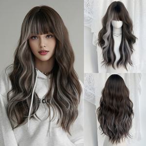 TEMU 7JHH WIGS 긴 물 파도 커피 브라운 위그, 앞머리 포함 - 고밀도 열 저항 합성 머리, 27.55 인치, 로즈 넷 캡, 일상 및 파티 사용을 위한 자연스러운 외관, 파티 헤어피스, 슬리크 헤어피스, 안전한 핏 캡