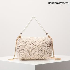 TEMU 비즈 핸드백, 폴리에스터 꽃 홀로우 아웃 직조 숄더 가방, 인조 진주 손잡이, 아름다운 저녁 클러치, 파티 드레스, 분리 가능한 스트랩, 지퍼 클로저, 무작위 패턴 - 석류