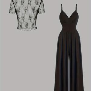 TEMU 그레이트 네스 롱 슬리브 크롭 탑 & 바디콘 와이드 레그 점프수트 세트 - 시크한 V넥, 러치드 디테일, 스파게티 스트랩이 있는 블랙 메쉬 블라우스, 봄/여름용 와이드 레그 팬츠, 여성 패션, 의류 | 편안한 핏 | 시크한 디자인