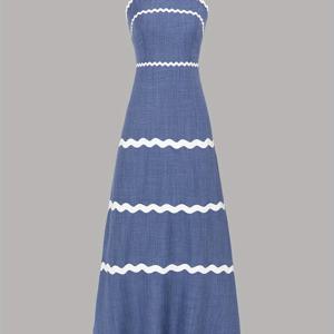 TEMU 여성용 우아한 파란색과 흰색 줄무늬 슬리브리스 맥시 드레스 - 프릴 하단, 허리 cinched, 여름, 캐주얼에서 공식복, 캐주얼 여름 드레스 | 프릴 하단 드레스 | 허리 cinched 디자인