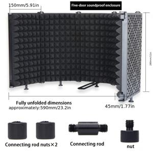 TEMU 마이크 격리 시ールド, 3단 방음 기능이 있는 접이식 마이크 커버, 3/8인치 및 5/8인치 마이크 스레드 마운트와 호환되는 반사 필터, 스튜디오, 팟캐스트, 노래, 방송에 적합.