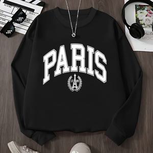 TEMU 아이들을 위한 파리 그래픽 프린트 스웨트셔츠 - 에펠탑 디자인의 소프트 롱 슬리브 라운드 넥 풀오버, 흑백 기하학 패턴, 가을 겨울 캐주얼 착용 가능, 매일 입기 좋은 아이들 의류 | 파리 테마 아동복 | 내구성 있는 키즈 탑