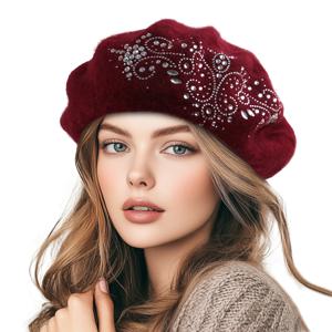 TEMU 여성용 우아한 버건디색 울트위드 베레모 - 반짝이는 장식이 달린 밴드, 가볍고 편안한 탄력적인 핏, 손세탁 가능한 겨울 캡 (크리스마스/발렌타인데이/일상 & 정장 이벤트에 완벽) - 진보라/버건디 패션 , 구조화된 왕관과 부드러운 곡선형 챙, 반짝임으로 꾸며진 디자인. 캐주얼하거나 포멀한 행사에도 어울림