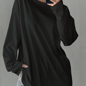 TEMU 봄과 가을 여성용 단색 루즈핏 긴팔 라운드 넥 롱 티셔츠