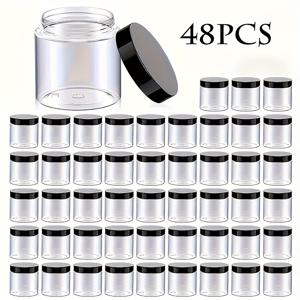 TEMU 48개 4온스 BPA 프리 플라스틱 캔 (뚜껑 및 라벨 포함) - 투명 원형 다용도 용기, 플립 뚜껑, 손세척 가능, 로션/크림/화장품/비즈/샘플/여행용 보관에 적합, 슬림 디자인, 재사용 가능, 전원 불필요|슬라임|화장품정리함