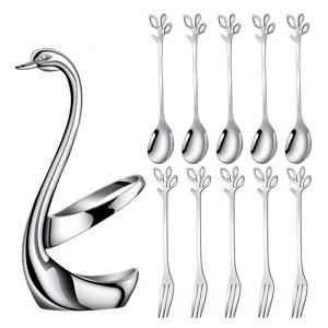 TEMU 11pcs 세트, 은빛 거위 베이스 소형 커피 스푼 세트, 5개의 미니 4.8인치 커피 스푼과 5개의 디저트 포크를 포함, 과일과 칵테일에 완벽, 완벽한 차와 동반자