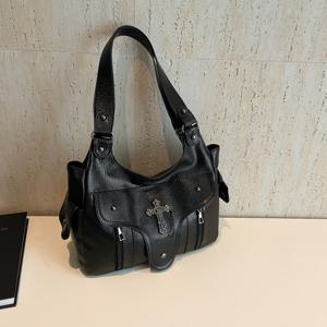 TEMU Xiuya Y2K 블랙 숄더 백, 지퍼 클로저가 있는 대용량 크로스바디 토트, 단색, 미국 펑크 고스 스타일, 폴리에스터 안감이 있는 패션 핸드백