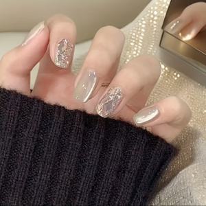 TEMU 24개 그린 팁 인레이 짧은 사다리 착용 가능한 네일, 신선하고 세련된 캣 아이 화이트닝 풀 , 우아하고 패셔너블한, 트렌디하고 다용도 인조 네일 스티커