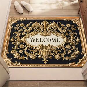 TEMU 1개 우아한 골드 프레임 웰컴 매트 - 미끄럼 방지, 흡수성 마이크로화이버 도어 매트, 침실, 거실, 현관 등을 위한 세탁기 사용 가능한 폴리에스터 - 정교한 꽃무늬 디자인, 욕실 바닥 매트 | 고급스러운 도어 매트 | 미끄럼 방지 밑면