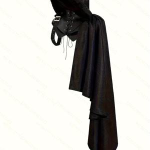 TEMU 중세 왕 & 기사 전투 망토 - 후드가 달린 고귀한 검은색 폴리에스터 케이프, 레이스업 디테일 및 비대칭 밑단, 코스프레, 할로윈 또는 의상 파티에 완벽함