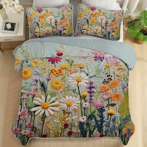 TEMU 유화 스타일 봄 꽃 퀼트 세트(1 퀼트 +1/2 베개커버, 충전재 없음) 쉬운 관리, 가벼움, 세탁기 사용 가능 스타일리시한 꽃무늬 침구 베드스프레드 커버렛 컴포터 세트, 사계절용, 가정, 기숙사, 게스트룸에 이상적