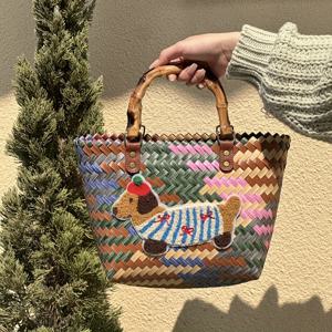 TEMU 빈티지 닥스훈트 디자인 대용량 핸드백 – 대나무 손잡이, 컬러풀한 줄무늬 & 강아지 자수, 해변 또는 일상 사용에 완벽