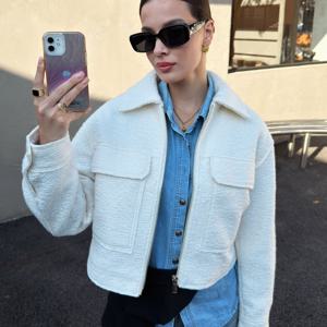 TEMU 아웃타 박스 여성용 캐주얼 재킷 - 지퍼 포켓, 롱 슬리브, 턴 칼라, 드롭 숄더, 오버사이즈, 트위드 소재, 우아하고 패셔너블한 데일리웨어, 외출, 파티, 가을/겨울, 크리스마스, 새해용