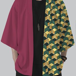 TEMU 남성용 일본 애니메이션에서 영감을 받은 기모노 셔츠 - 전통적인 아시아 스타일의 오버사이즈 캐주얼 여름 가운, 생동감 있는 디지털 프린트로 테마 이벤트와 캐주얼웨어에 완벽 (성인용) - 레드, 블랙, 그린 & 골든으로 제공되는 일본문화를 담은 의류, 편안한 핏과 기하학적 패턴이 돋보임. 따뜻한 날씨에도 적합한 경량 소재로, 애니메이션 팬과