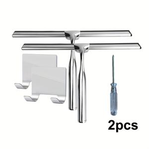 TEMU 2개 세트 스테인리스 스틸 다용도 스퀴지 - 욕실 샤워 유리문, 거울, 타일 및 자동차 창문 청소기, 벽걸이 및 드라이버 포함, 스테인리스 스틸 와이퍼, 10인치 핸드헬드 샤워 스퀴지, 물 제거 스퀴지, 샤워 와이퍼 세트