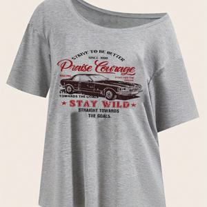 TEMU 빈티지 자동차 그래픽 오프숄더 탑 - '스테이 와일드' 디자인, 회색 캐주얼 여성용 티셔츠, 세탁기 사용 가능, 봄/여름 패션, 동기 부여 의류 | 빈티지 자동차 프린트 | 캐주얼 스타일 티