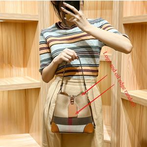 TEMU 우아한 체크무늬 여성 버킷백 - 다크 브라운 & 베이지 핑크 악센트, 탈착 가능한 어깨끈 및 손목 스트랩, 자석 잠금장치, 두 겹 구조, 캐주얼 & 포멀 행사용, 패셔너블 핸드백, 오일 엣지 디테일