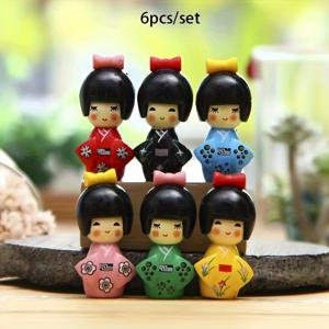 TEMU 일본 미니 키모노 소녀 장식 조각상 6개 세트, PVC 수집용 키모노 소녀 스태츄, 실내외 장식용, 전기 불필요, 다중 방 디스플레이