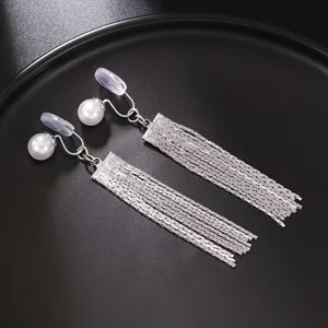 TEMU 세련된 빈티지 스타일 모조 진주 긴 태슬 클립형 귀걸이, 나이트클럽 및 파티에 완벽, 귀 穿孔 불필요, 배터리 없음|피어싱