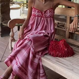 TEMU 스타일의 핑크색 지오메트리 프린트 맥시 드레스 - 어깨가 드러난 V넥과 스파게티 스트랩, 플로우리 러플 하hem, 여름 휴가에 완벽한 여성용 스타일