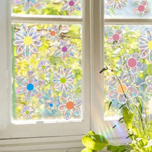 TEMU 22개 꽃 무지개 창문 데칼 - 비접착식 새 충돌 방지 프리즘 스티커, 유리창용 컬러풀 플로럴 안전 스티커, 교실, 기숙사, 칠판 장식 및 홈 데코