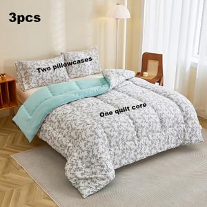 TEMU 3pcs 신선한 로맨틱 덩굴 패턴 초소프트 액티브 원단, 공예, 고탄성 폴리에스터 충전재, 가을/겨울 침실, 게스트룸, 기숙사, 여행, 휴일 선물용 - 두꺼운 이불 세트, 기숙사 필수품,플로럴 디자인,아늑한 미학,퀼트 스티칭,따뜻한 담요,대학생,계절별 쇼퍼