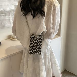 TEMU 블랙 PVC 미니 크로스백 ( 비즈 디자인) - 스타일리시 여름 휴대폰 가방, 체인 스트랩 캐주얼 숄더백