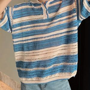 TEMU 남성용 빈티지 니트 폴로 셔츠 - 봄 & 여름용 가벼운 통기성 있는 홀로우 스웨터, 캐주얼한 파티용 의상, 반팔, 라운드 넥, 베이지 & 화이트 수직 , 통기성 있는 폴리에스터 | 라운드 넥 탑 | 오픈워크 디자인|반팔니트