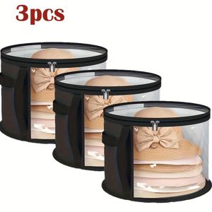 TEMU 3개 블랙 대용량 모자 보관 가방, 투명한 시청 창이 있는 강력한 손잡이 - 코우보이, 야구, 해변 모자에 이상적, 각 7개까지 보관 가능