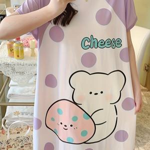 TEMU 여성용 여름 반팔 잠옷 드레스 - 귀여운 만화 곰 & 물방울 무늬 프린트 가벼운 통기성 나이트가운, 편안한 핏 라운드 넥 라운지 드레스 (청소년 및 성인용), 세탁기 사용 가능한 캐주얼 홈웨어, 여성 수면복, 중간 신축성