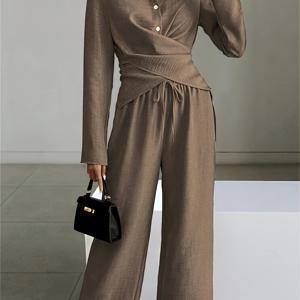TEMU 우아한 반팔 탑과 와이드 레그 팬츠 세트 - 단색, 버튼 디테일, 하이웨이스트 와이드 레그 팬츠와 타이 허리, 봄/가을에 완벽, 캐주얼 의상| 스타일|버튼 디테일 탑, 우아한 여성용/테일러링 세트, 여성용 세트, 우아한 여성용 세트