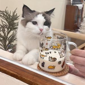 TEMU 420ml 귀여운 고양이 유리 컵 - 고성능 보로실리케이트 전자레인지 및 오븐 안전 컵, 커피, 우유, 라떼, 주스용, 친구에게 완벽한 휴일 선물, 귀여운 고양이 그림|텀블러|전자레인지
