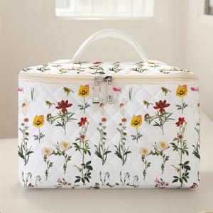 TEMU 대용량을 갖춘 세련된 꽃무늬 메이크업 가방 - 내구성이 뛰어난 폴리에스터, 브러시 및 액세서리용 지퍼 여행 주최자, 남성 및 여성용 다용도 화장품 보관함, 여행용 화장품 보관함|꽃무늬 가방|폴리에스터 보관함, 화장품 여행용 케이스