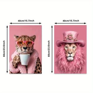TEMU 2D 플랫, 2개 세트 방 장식용 핑크 라이언 & 액자 없는 캔버스 아트 프린트, 침실·거실·사무실을 위한 벽걸이 그림 - 홈&카페를 위한 창의적인 동물 포스터, 모던 와일드리프 2D 플랫
