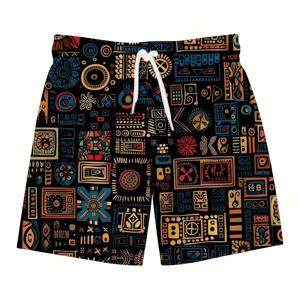 TEMU 남성용 비치 쇼츠 100% 폴리에스터 빠른 건조, 생동감 있는 전체 기하학 프린트, 수영 및 서핑을 위한 레귤러 핏 포켓, 여름 야외 활동용 수영복