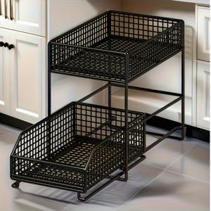 TEMU 2단 싱크대 정리 선반 – 다기능 금속 보관함 (접시 및 양념 홀더 포함), 블랙 와이어 디자인 주방 캐비닛 공간 최적화, 내구성과 스타일리쉬한 주방 정리용품