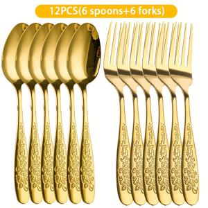 TEMU 레트로 영감 장미 패턴 손잡이가 있는 우아한 스테인리스 스틸 식기 세트 12개, 서양식 샐러드 포크, 스파게티 포크, 수프 숟가락, 저녁 식사용 숟가락, 식기세척기 사용 가능, 호텔 및 결혼식 행사에 적합