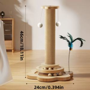 TEMU 인터랙티브 노란 색의 줄무늬 고양이 긁는 포스트, 회전식 베이스와 볼 장난감 - 내구성이 뛰어난 단단한 줄무늬 고양이 발톱 그라인더, 매달린 장난감 인공 깃털 PVC