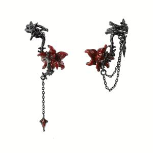 TEMU 다크 앤 스위트 고딕 귀걸이 클립 1쌍 - 레드 플라워 & 체인 디테일의 유니크한 합금 디자인, 레트로 스타일 캐주얼 착용 또는 선물용 | 고딕 스타일 이어링 | 합금 제작|링귀걸이