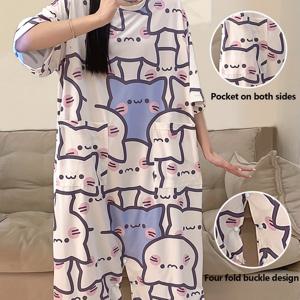 TEMU 여성용 여름 만화 고양이 프린트 루즈핏 롬퍼 - 반팔 라운드 넥 포켓 디자인, 성인용 캐주얼 잠옷, 귀여운 파자마, 편안한 착용감|반팔니트|여름잠옷