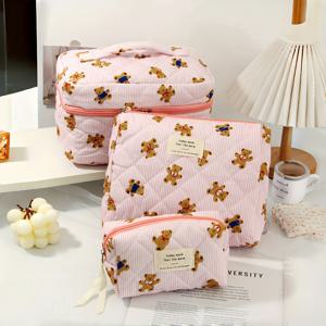 TEMU 3개 세트 귀여운 핑크 베어 패턴 대용량 멀티펑셔널 화장품 가방, 학교로 돌아가는 파우치 백, 휴대용 화장 브러시 클러치백, 지퍼가 달린 립스틱 엄마 선물, 생일 선물 욕실 거실 화장품 보관 가방|파우치|립스틱|화장품정리함