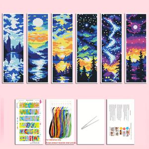 TEMU 1세트 프린트 크로스 스티치 키트 (북마크 6개 포함) - 타임 랜드스케이프 레코드 DIY 아트 세트, 선셋, 산, 별이 빛나는 하늘 디자인 북마크 세트, 11CT 미디엄 그리드 크로스 스티치, 3겹 실 포함, 초보자와 공예 애호가를 위한 크로스 스티치 장식, 홈 데코 또는 선물용