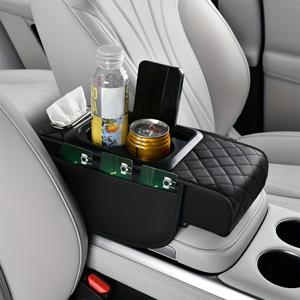 TEMU 물병 홀더, 폰 스탠드 및 티슈 포켓이 있는 인조 가죽 팔받이 주최자, 모든 계절을 위한 다용도 자동차 콘솔 매트, 중앙 콘솔 주최자|잠수 퀼트 디자인|강력한 팔받이 매트, 팔받이 주최자, 팔받이 매트