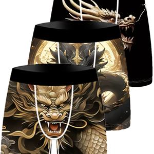 TEMU 남성용 아이스 슬리키 파이버 복서 브리프 3팩 - 통기성 스트레치 편안함, 만화 드래곤 디지털 프린트, 금색/흰색 악센트, 캐주얼 및 일상복용 세탁 가능