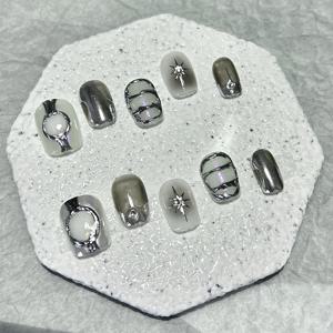 TEMU 10개 수제 메탈 스타일 핫 네일 쿨 숏 네일 액세서리 + 1 젤리 스티커 + 1 네일 파일, 참고: 접착제 미포함|네일스티커