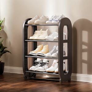 TEMU 4층 현대적인 신발 선반 - 내구성 있는 플라스틱 및 금속 프레임, 입구 및 작은 공간을 위한 공간 절약 디자인 | 세련된 검정색 및 흰색 정리함, 아파트 및 거실에 완벽한 신발 보관 정리함
