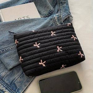 TEMU 스타일리시 체크무늬 퀼트 화장품 가방 리본 장식 - 봉투 클러치 주름 버블 디자인, 내구성 있는 폴리에스터 여행용 메이크업 정리함, 브러쉬 및 액세서리를 위한 다기능 미니 파우치|화장품정리함