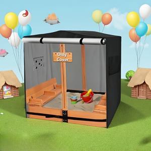 TEMU OKEECA 모래놀이 상자 커버, 48인치(폭) X 48인치(깊이) X 48인치(높이), 420D 옥스포드 천 헤비듀티 지붕 및 접이식 벤치 포함, 블랙 (모래놀이 상자 미포함)