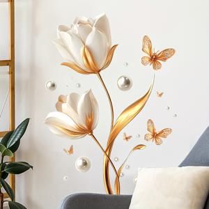 TEMU StickerHeaven 우아한 꽃무늬 벽지 스티커 - 대형 황금 튤립 & 나비 디자인, 가구, 벽, 캐비닛, 주방 및 거실 장식용 자체 접착 플라스틱 데칼, 현대적인 매트 마감, 홈 데코 벽 스티커