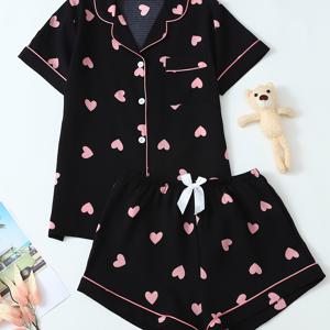 TEMU Love Print 반팔 반바지 청소년 잠옷 세트